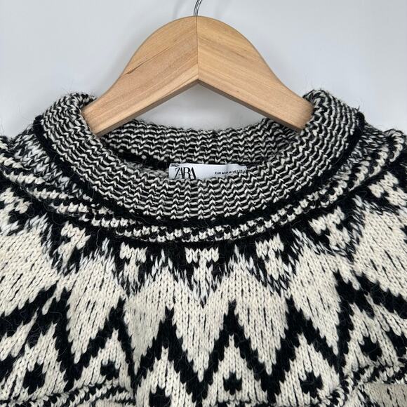 ZARA Fair Isle Chunky Knit Jacquard Crew Neck Sweater Nordic Cropped Geo Print - Picture 11 of 13